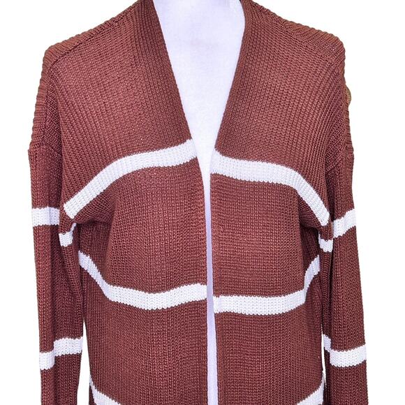 Pink Clover Spice Brown White Striped Cardigan with Pockets - Picture 3 of 8
